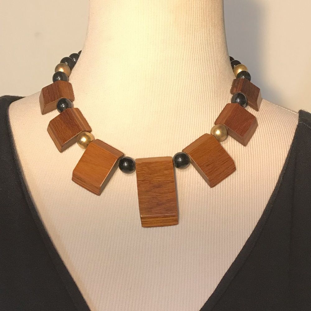 Square Wood Statement Boho Natural Wood Bead Necklace